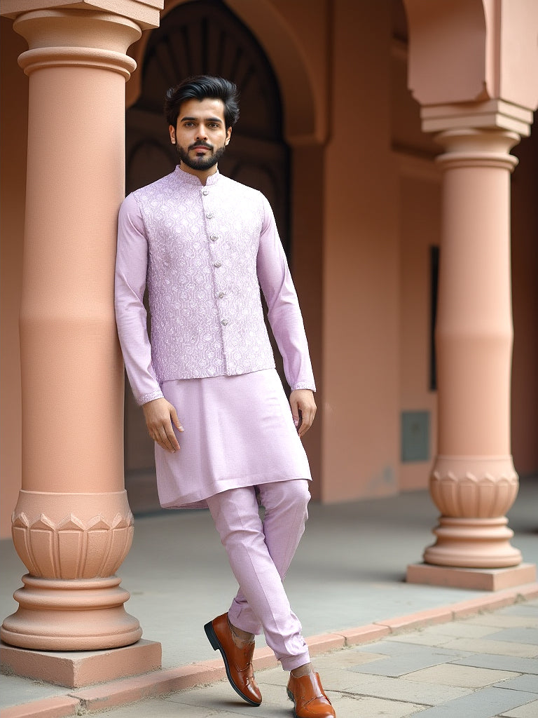 Collection of Onion Colour Floral Sequence Work Milky Silk Kurta Jacket Set in a gallery layout