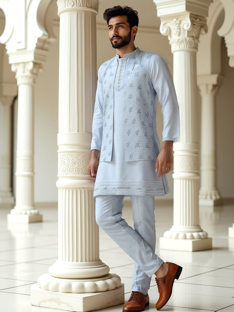 Light Sky Blue Thread Work Giza Cotton Kurta Jacket Set