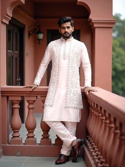 Collection of Thread Embroidery Design Floral Raw Silk Kurta Jacket Set in Light Pink in a gallery layout