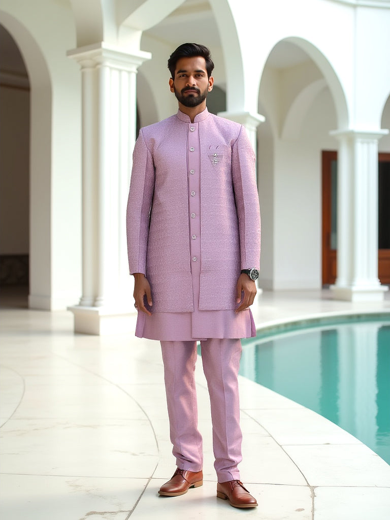 Onion Coloured Self Patterned Giza Cotton Thread Work Kurta Jacket Set