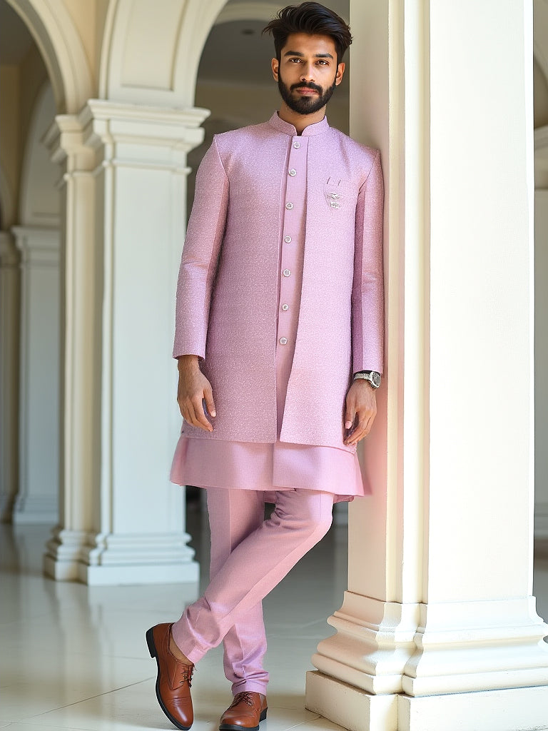 Collection of Onion Coloured Self Patterned Giza Cotton Thread Work Kurta Jacket Set in a gallery layout