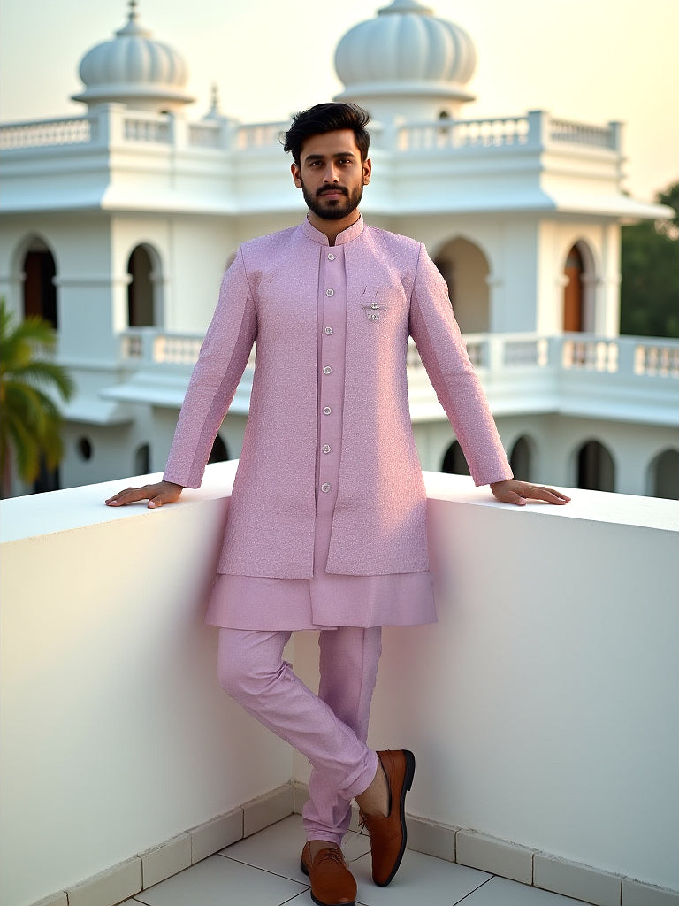 Onion Coloured Self Patterned Giza Cotton Thread Work Kurta Jacket Set