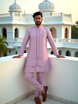 Collection of Onion Coloured Self Patterned Giza Cotton Thread Work Kurta Jacket Set in a gallery layout