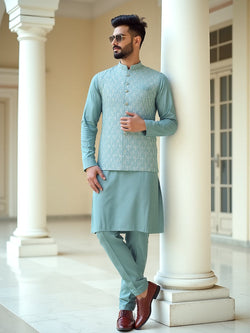 Collection of Light Green Floral Milky Silk Sequence Design Kurta Jacket Set in a gallery layout