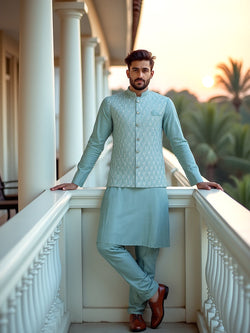 Collection of Light Green Floral Milky Silk Sequence Design Kurta Jacket Set in a gallery layout