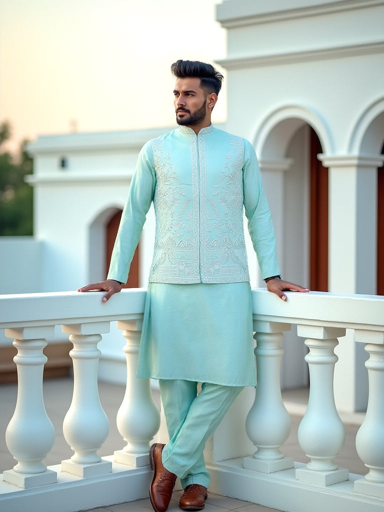 Sky Blue Floral Embroidery Work Giza Cotton Kurta Jacket Set