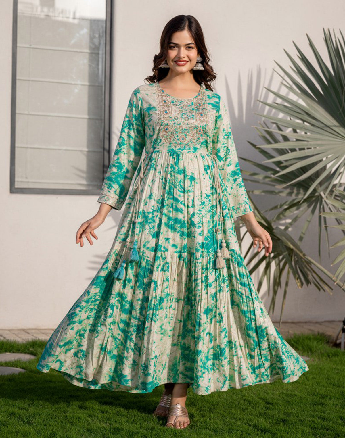 Rama Green Shibori Print Flared Rayon Kurti