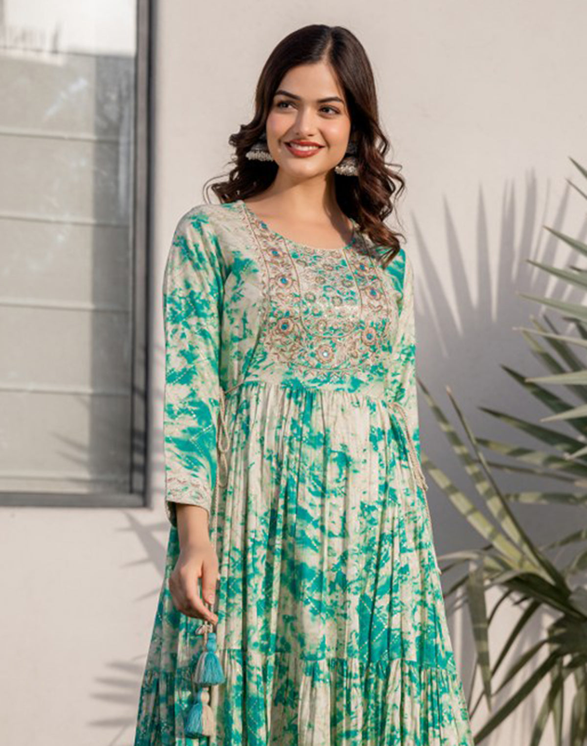 Rama Green Shibori Print Flared Rayon Kurti