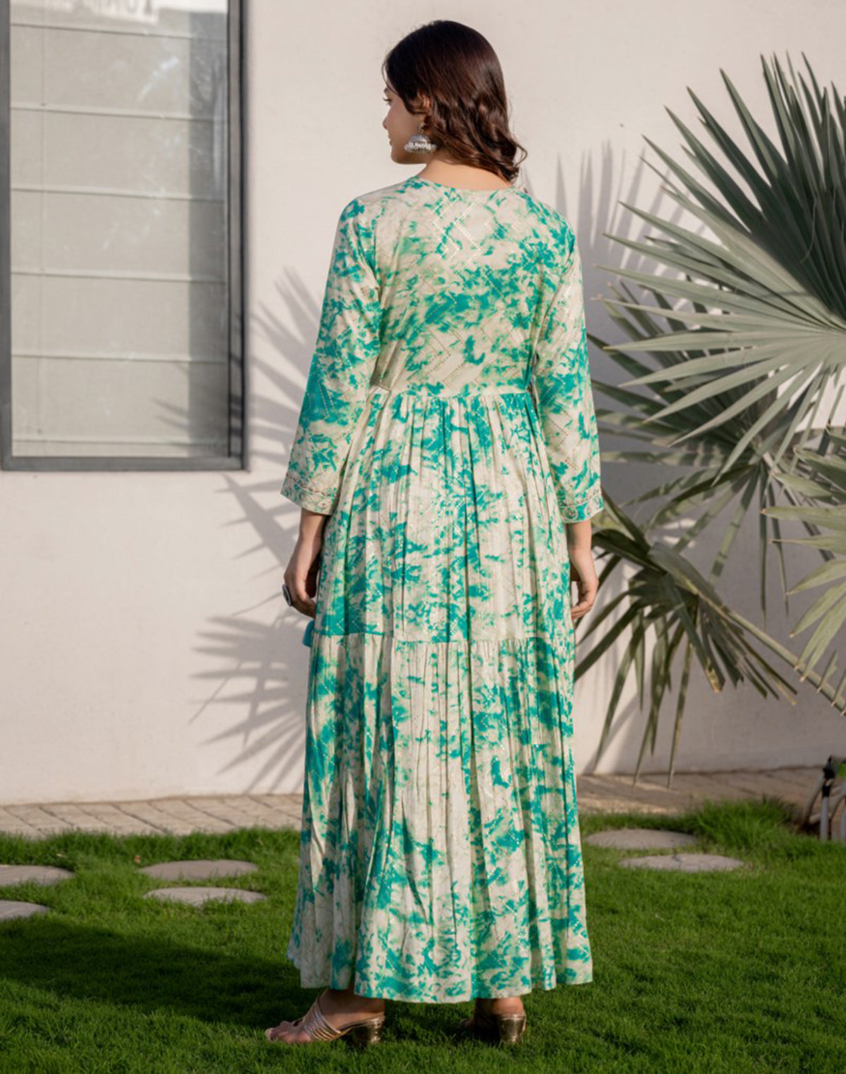 Rama Green Shibori Print Flared Rayon Kurti