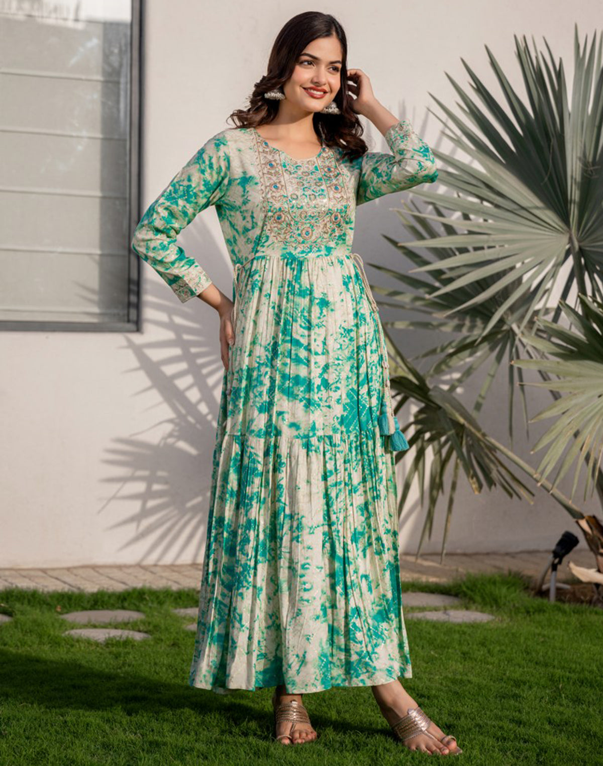 Collection of Rama Green Shibori Print Flared Rayon Kurti in a gallery layout