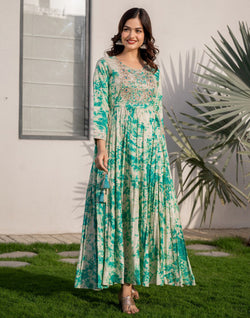 Collection of Rama Green Shibori Print Flared Rayon Kurti in a gallery layout