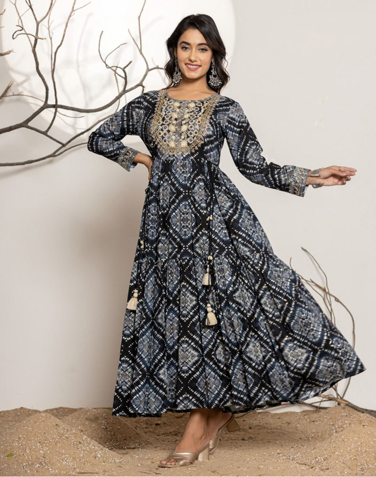 Collection of Black Rayon Graphic Anarkali Kurti in a gallery layout