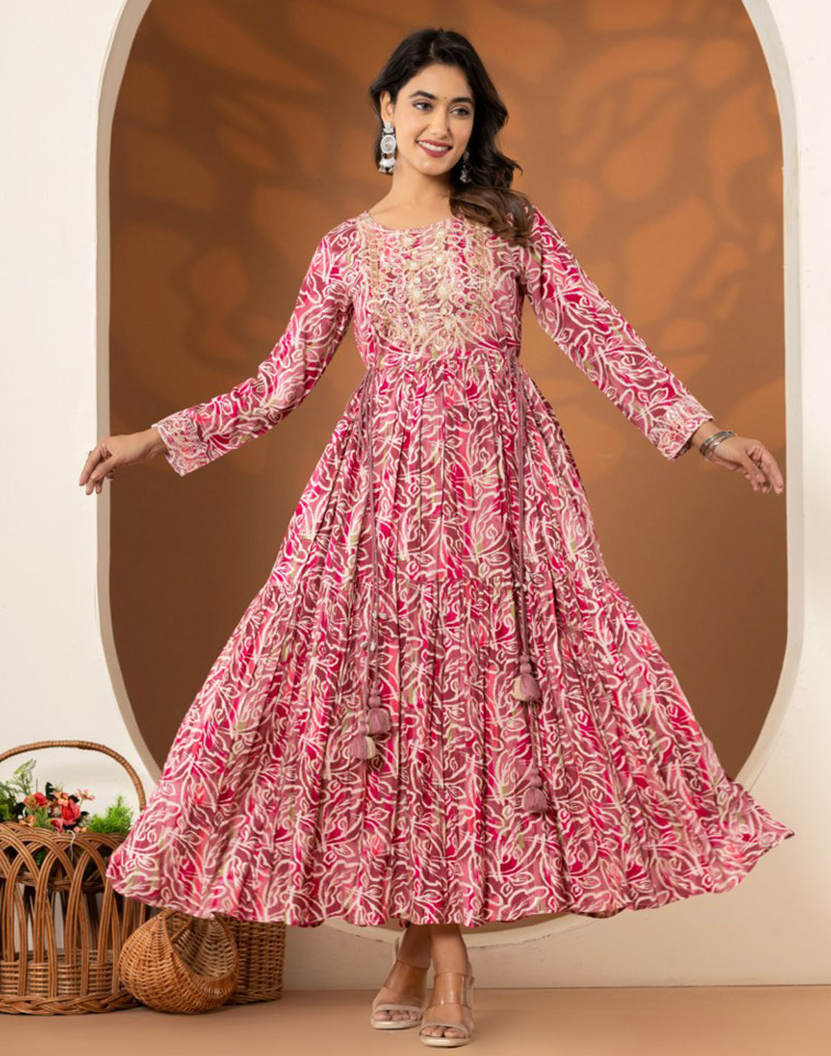 Collection of Pink Rayon Party Wear Trendy Kurti in a gallery layout