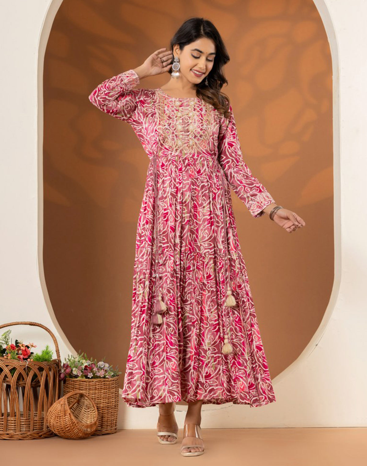 Collection of Pink Rayon Party Wear Trendy Kurti in a gallery layout