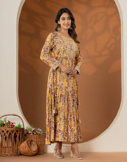 Collection of Yellow Coloured Rayon Botanical Print Kurti in a gallery layout