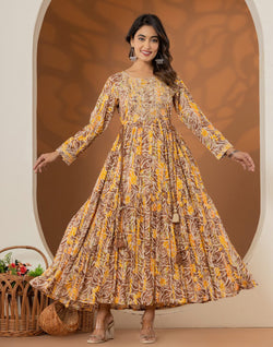 Collection of Yellow Coloured Rayon Botanical Print Kurti in a gallery layout