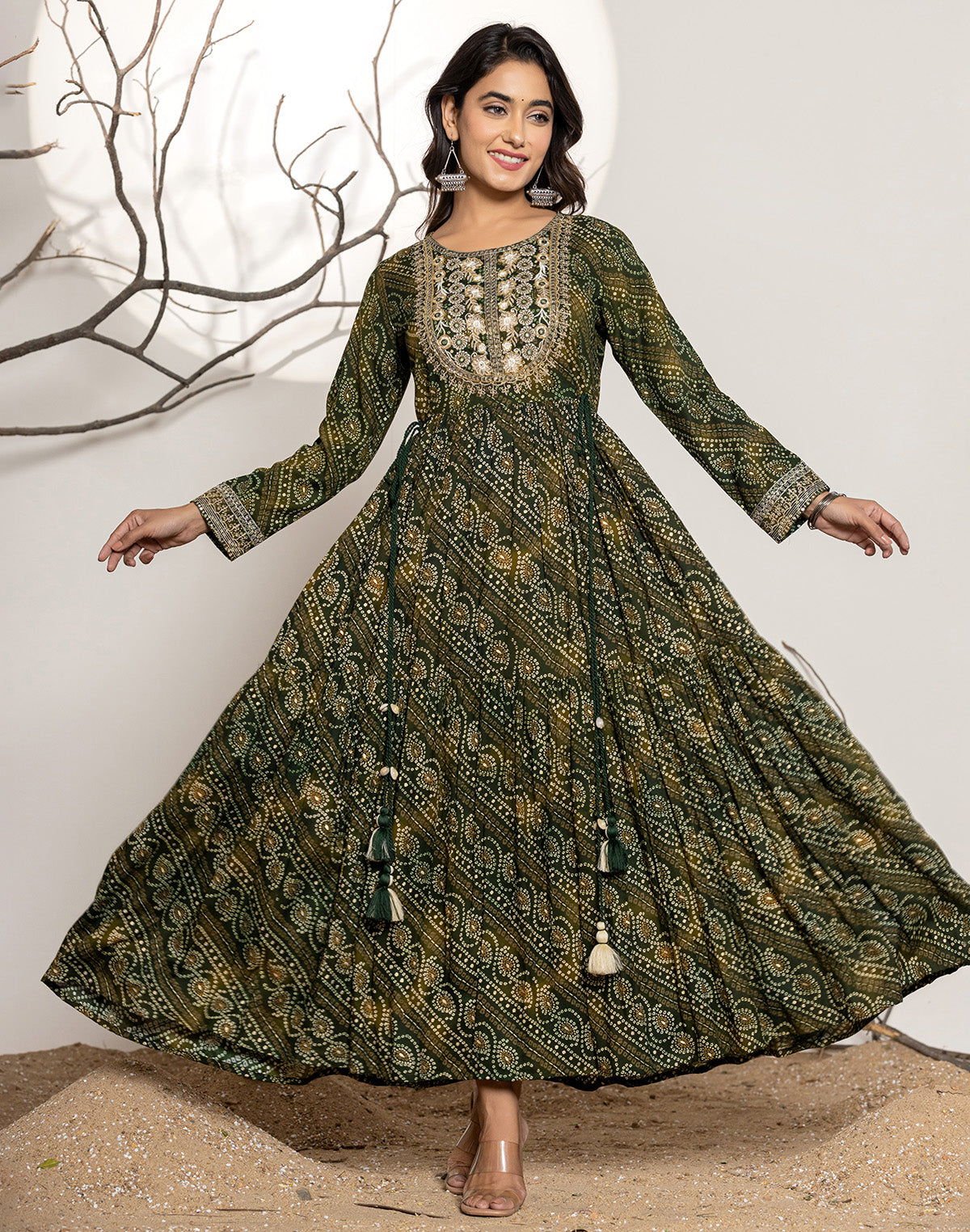 Collection of Mehendi Green Bandhini Print Rayon Flary Kurti in a gallery layout