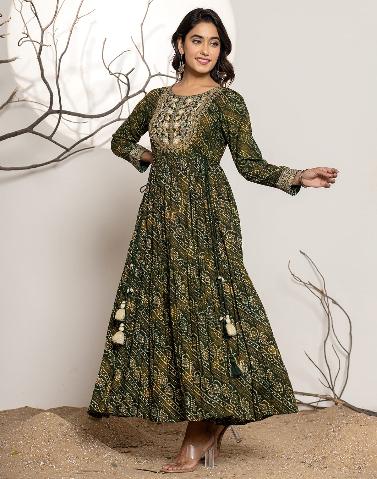 Collection of Mehendi Green Bandhini Print Rayon Flary Kurti in a gallery layout