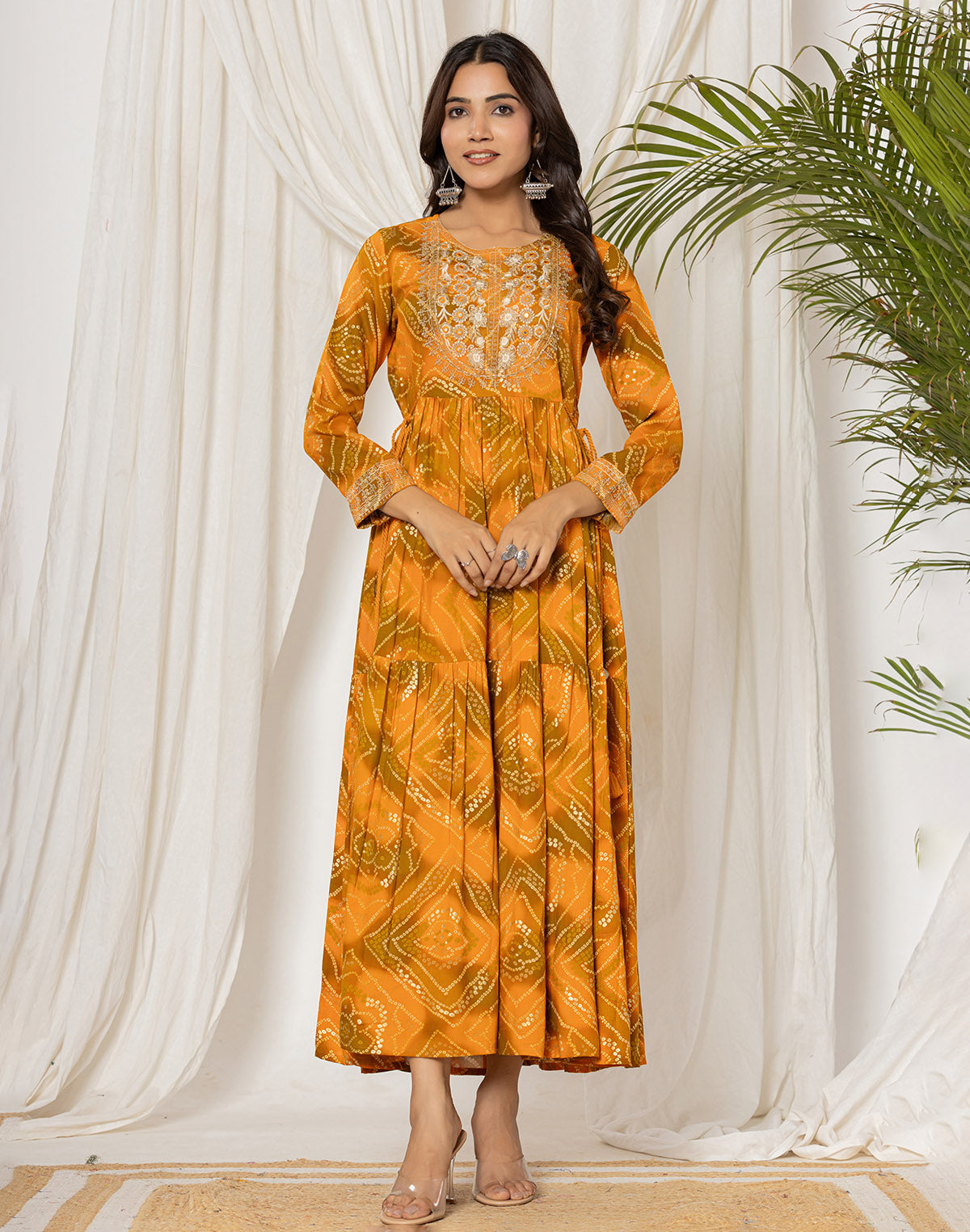 Mustard Rayon Bandhini Print Kurti in Round Neck