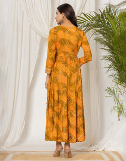 Collection of Mustard Rayon Bandhini Print Kurti in Round Neck in a gallery layout