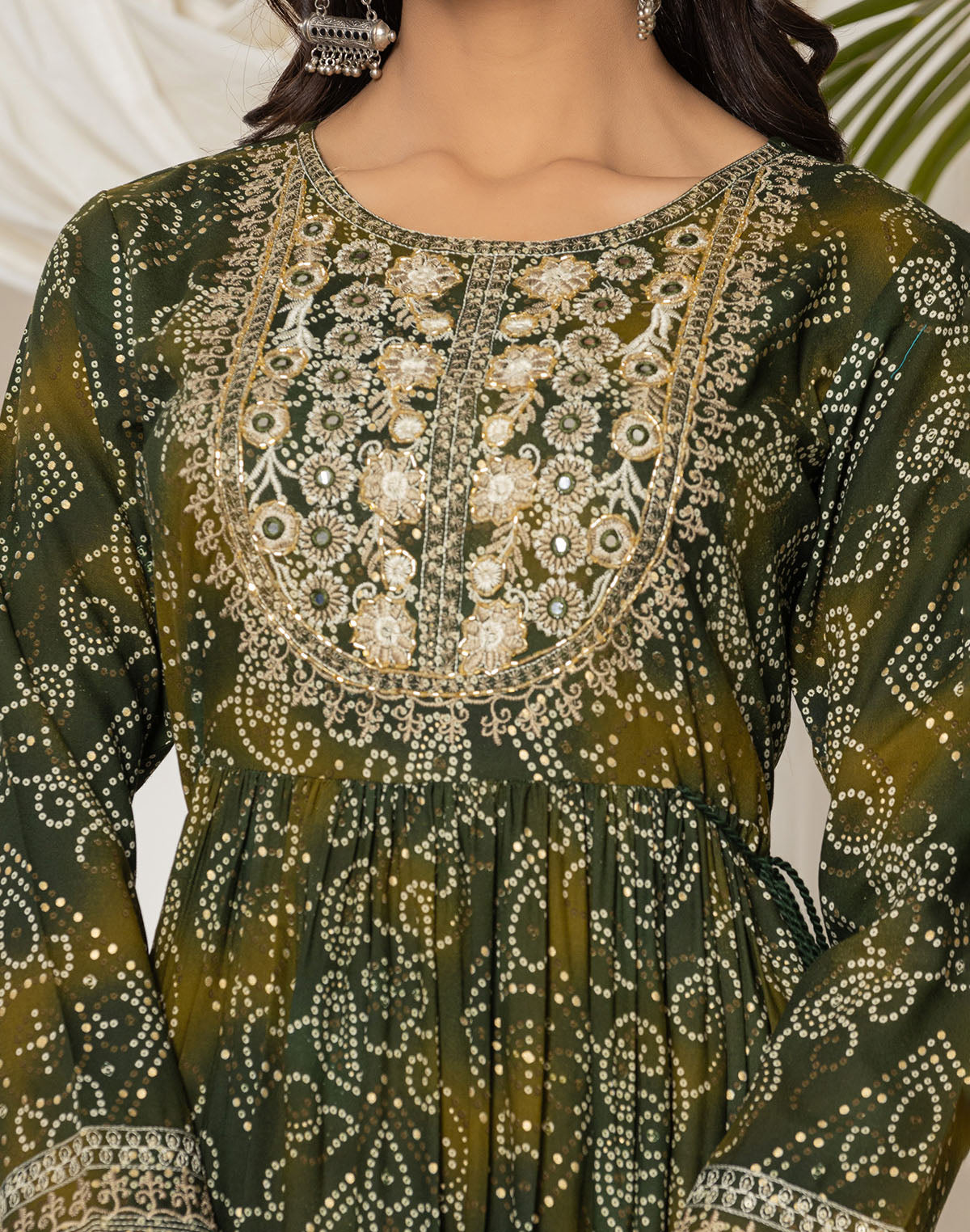 Mehendi Green Bandhini Print Rayon Kurti in Round Neck