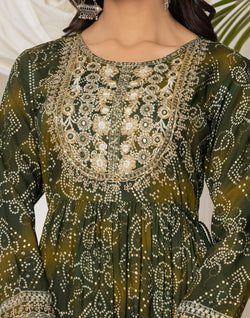 Collection of Mehendi Green Bandhini Print Rayon Kurti in Round Neck in a gallery layout