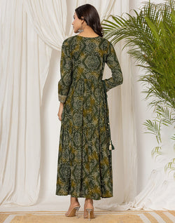 Collection of Mehendi Green Bandhini Print Rayon Kurti in Round Neck in a gallery layout