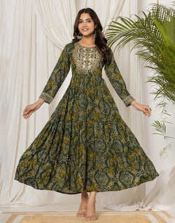 Collection of Mehendi Green Bandhini Print Rayon Kurti in Round Neck in a gallery layout