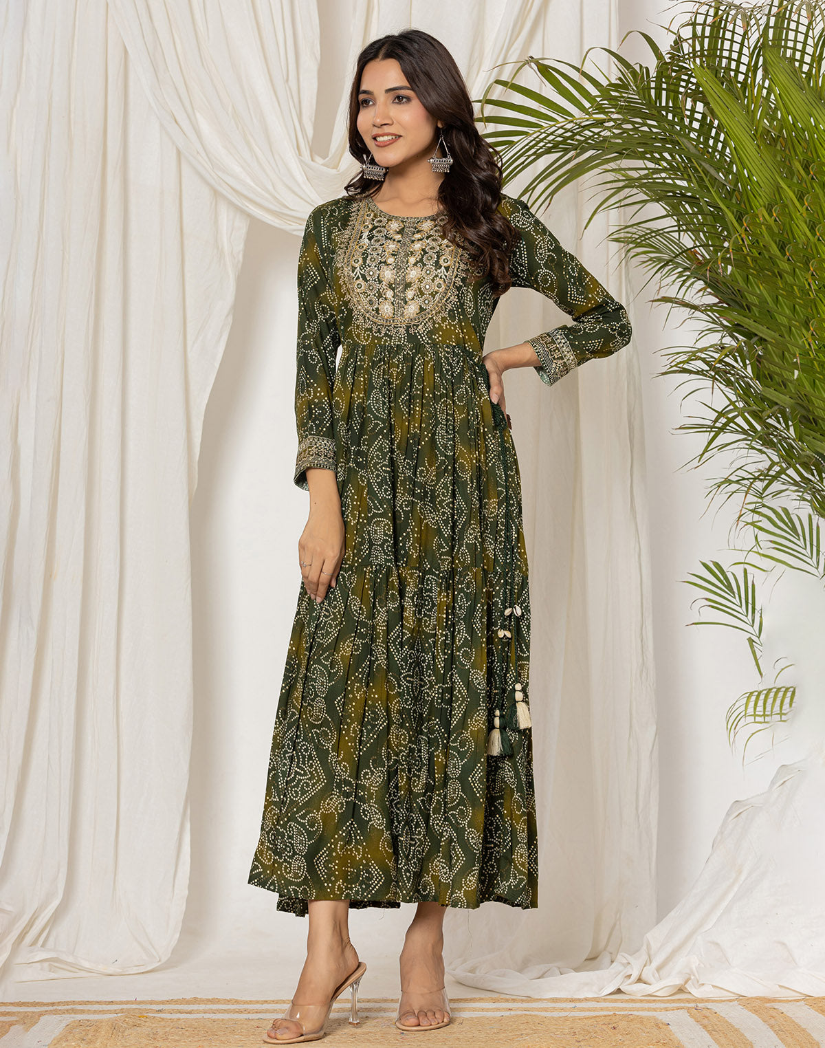 Collection of Mehendi Green Bandhini Print Rayon Kurti in Round Neck in a gallery layout