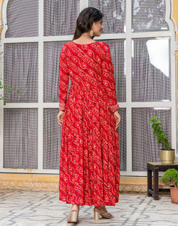 Collection of Red Coloured Bandhini Print Stylish Rayon Kurti in a gallery layout