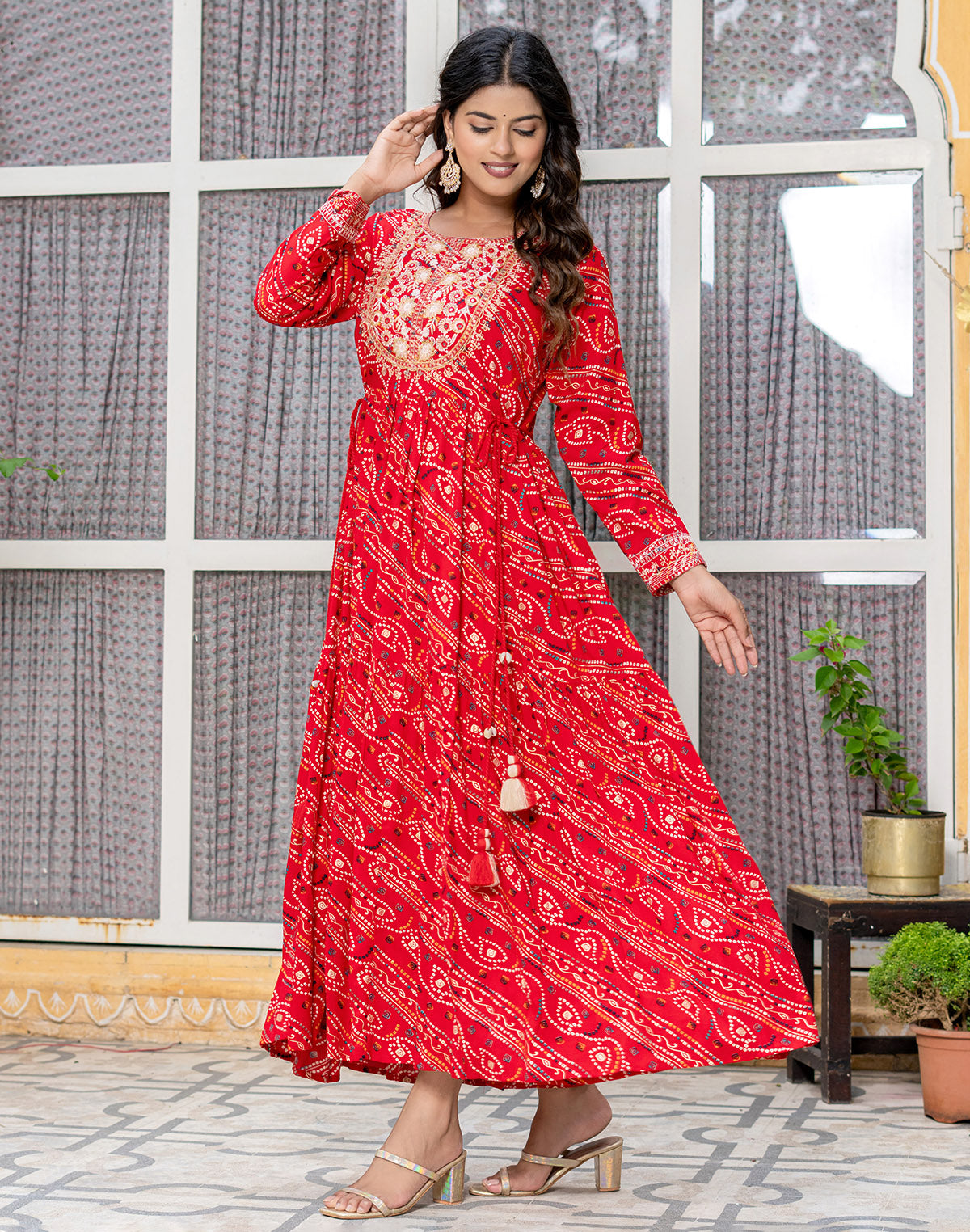 Collection of Red Coloured Bandhini Print Stylish Rayon Kurti in a gallery layout