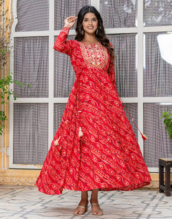 Collection of Red Coloured Bandhini Print Stylish Rayon Kurti in a gallery layout