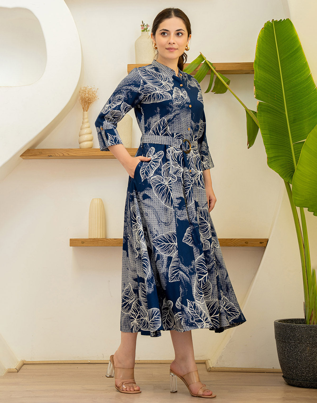 Collection of Navy Blue Botanical Print Cotton Silk Kurti With Belt in a gallery layout