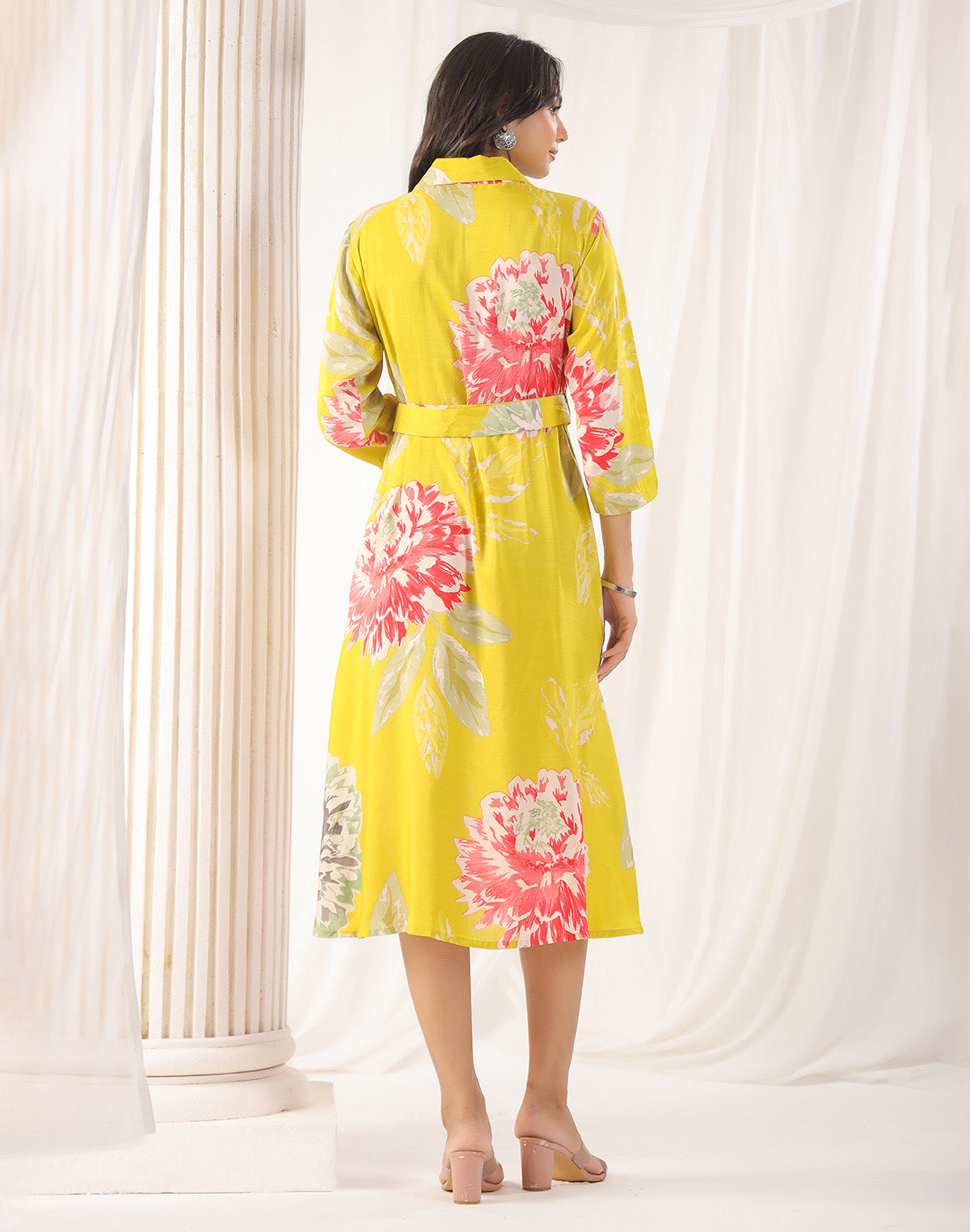 Collection of Yellow Floral Bunches Soft Silk Kurti With Belt in a gallery layout