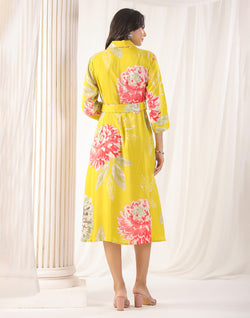 Collection of Yellow Floral Bunches Soft Silk Kurti With Belt in a gallery layout