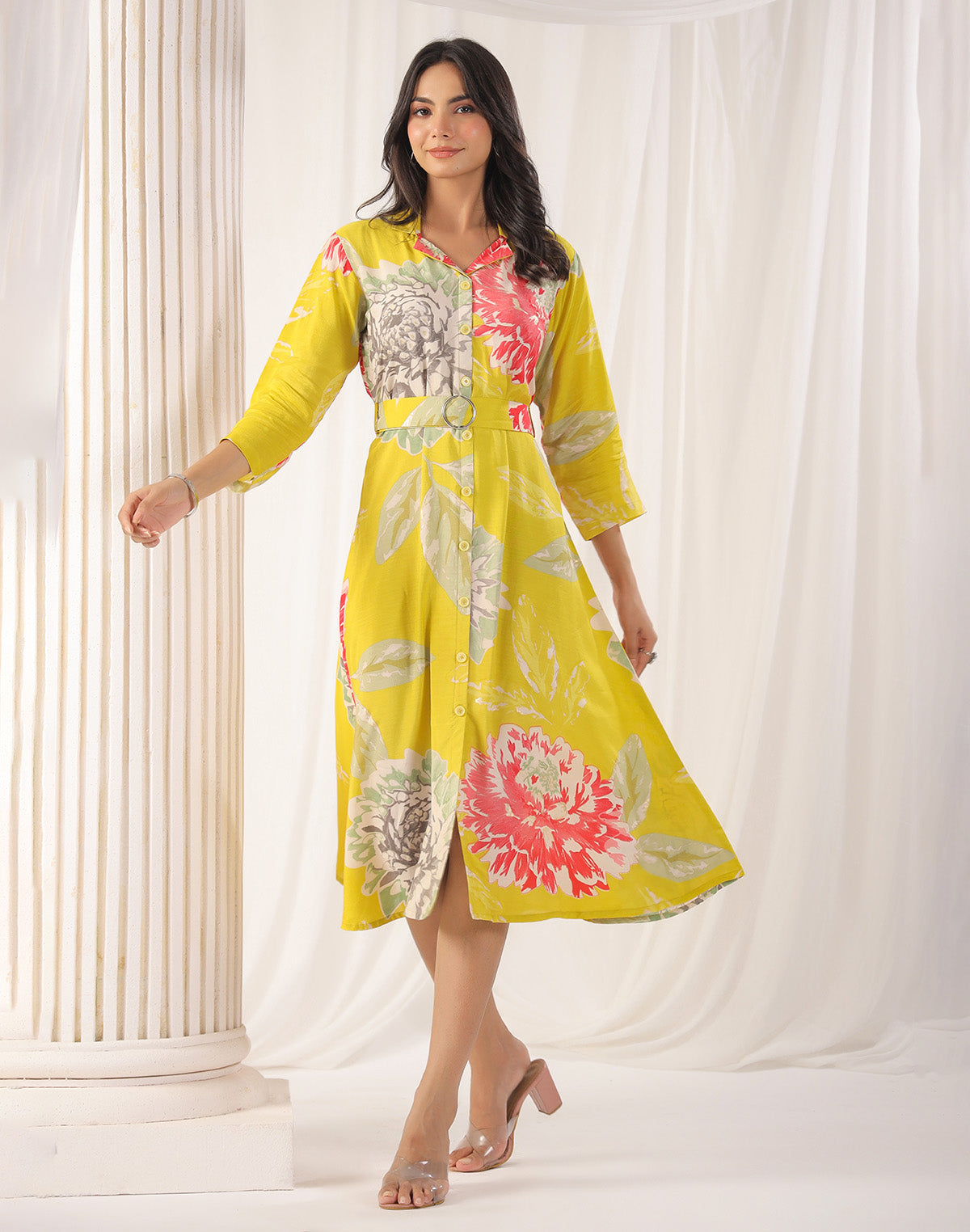 Collection of Yellow Floral Bunches Soft Silk Kurti With Belt in a gallery layout