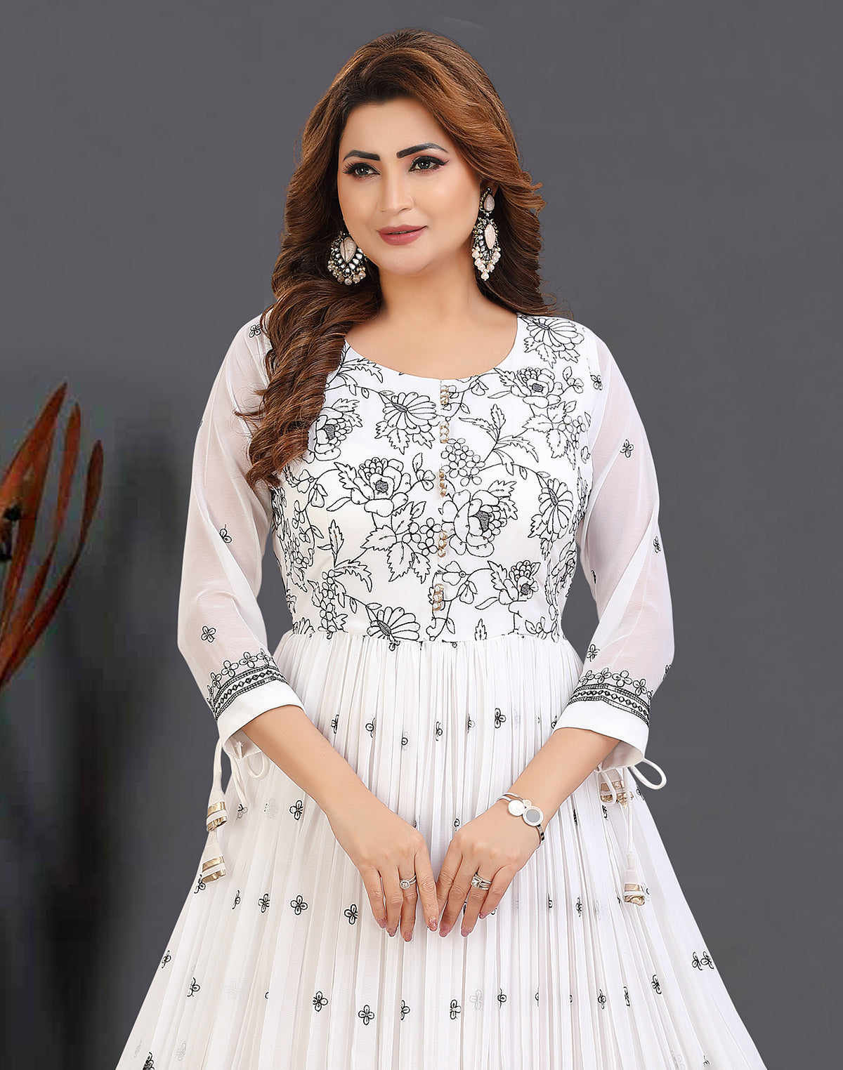 Collection of White Floral Print Georgette Kurti in a gallery layout