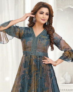 Collection of Multi Color Graphic Print Georgette Bell Sleeves Kurti in a gallery layout