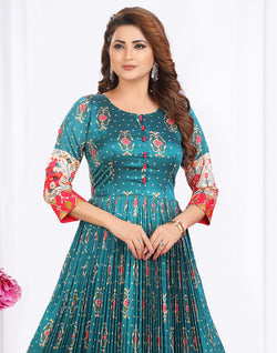 Collection of Peacock Blue Cotton Silk Ikat Print Designer Kurti in a gallery layout