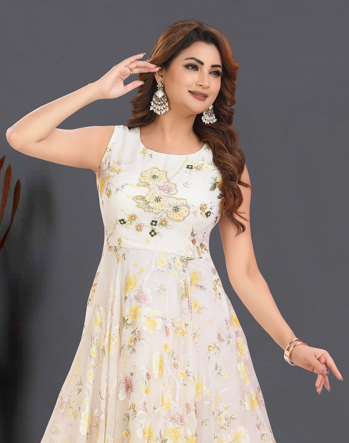 Collection of Cream Floral Print Organza Fully Flared Kurti in a gallery layout