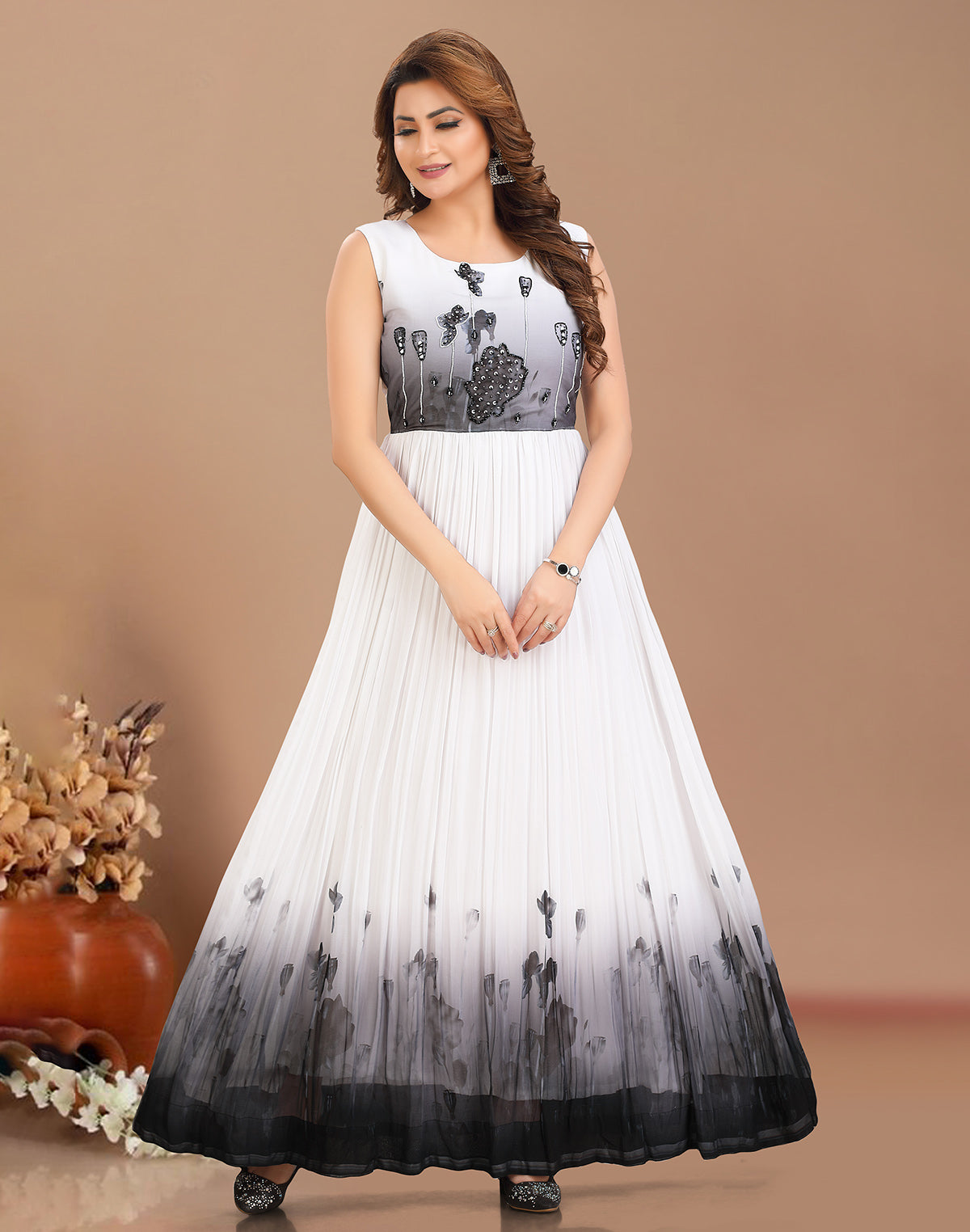 White Georgette Anarkali Full Flared Long Kurti