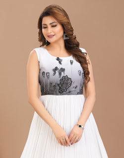 Collection of White Georgette Anarkali Full Flared Long Kurti in a gallery layout