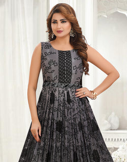 Collection of Black Party Wear Georgette Long Flared Kurti in a gallery layout