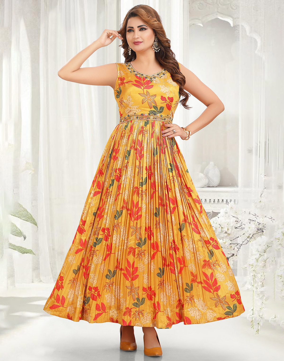 Bright Yellow Coloured Cotton Silk Long Dress South India Shopping Mall