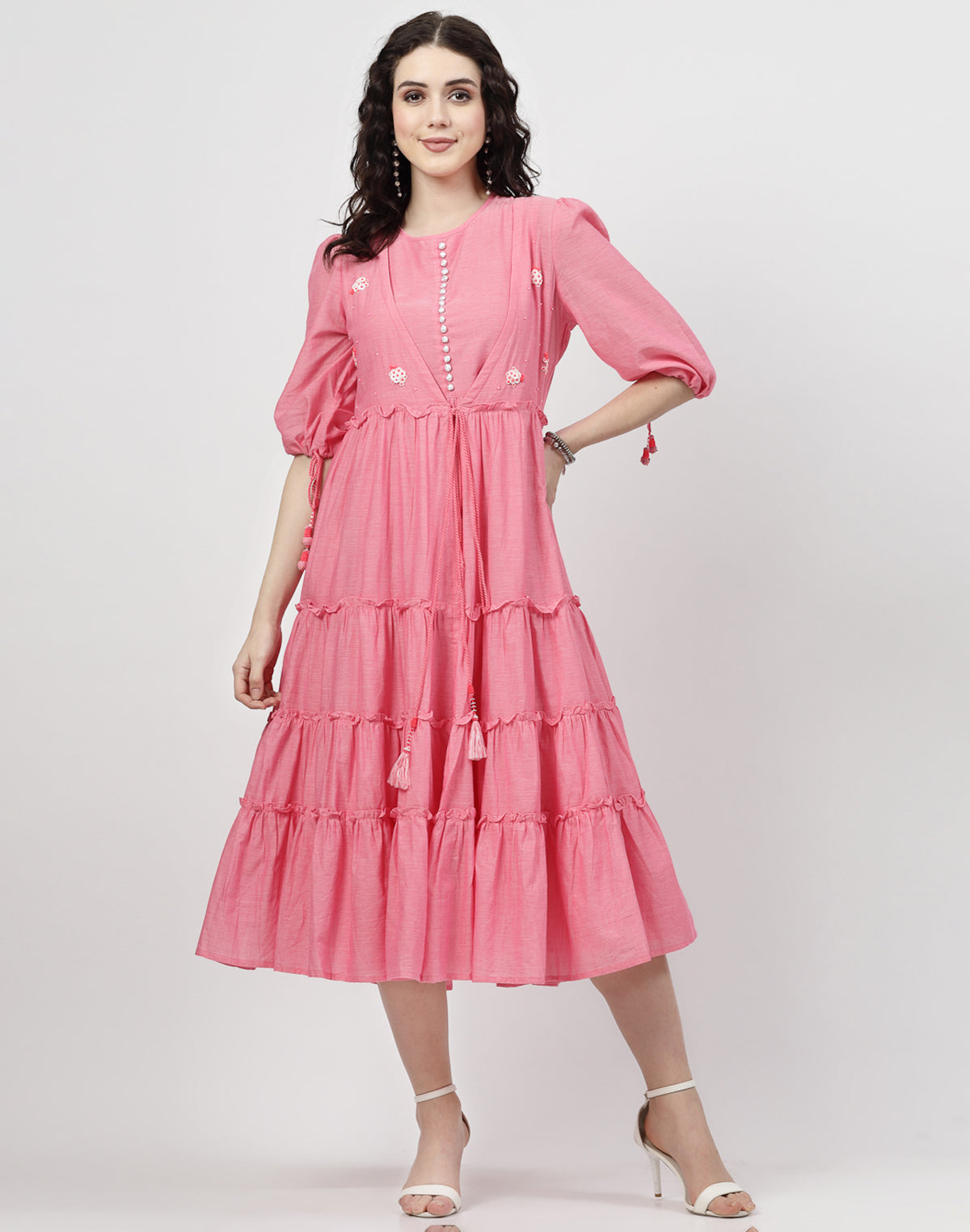 Light Pink Cotton Party Wear Dress with Shrug