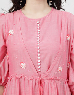 Collection of Light Pink Cotton Party Wear Dress with Shrug in a gallery layout