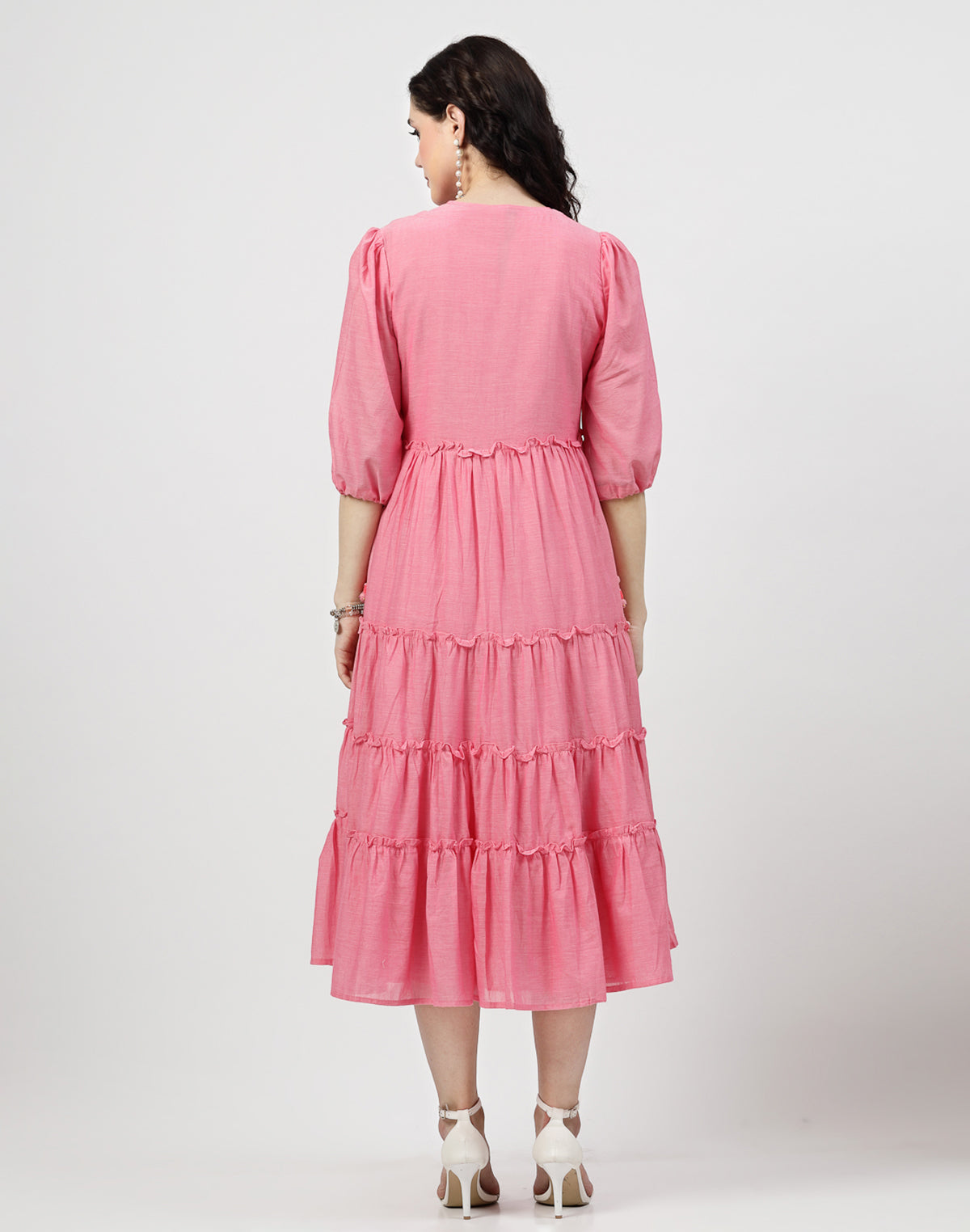 Collection of Light Pink Cotton Party Wear Dress with Shrug in a gallery layout