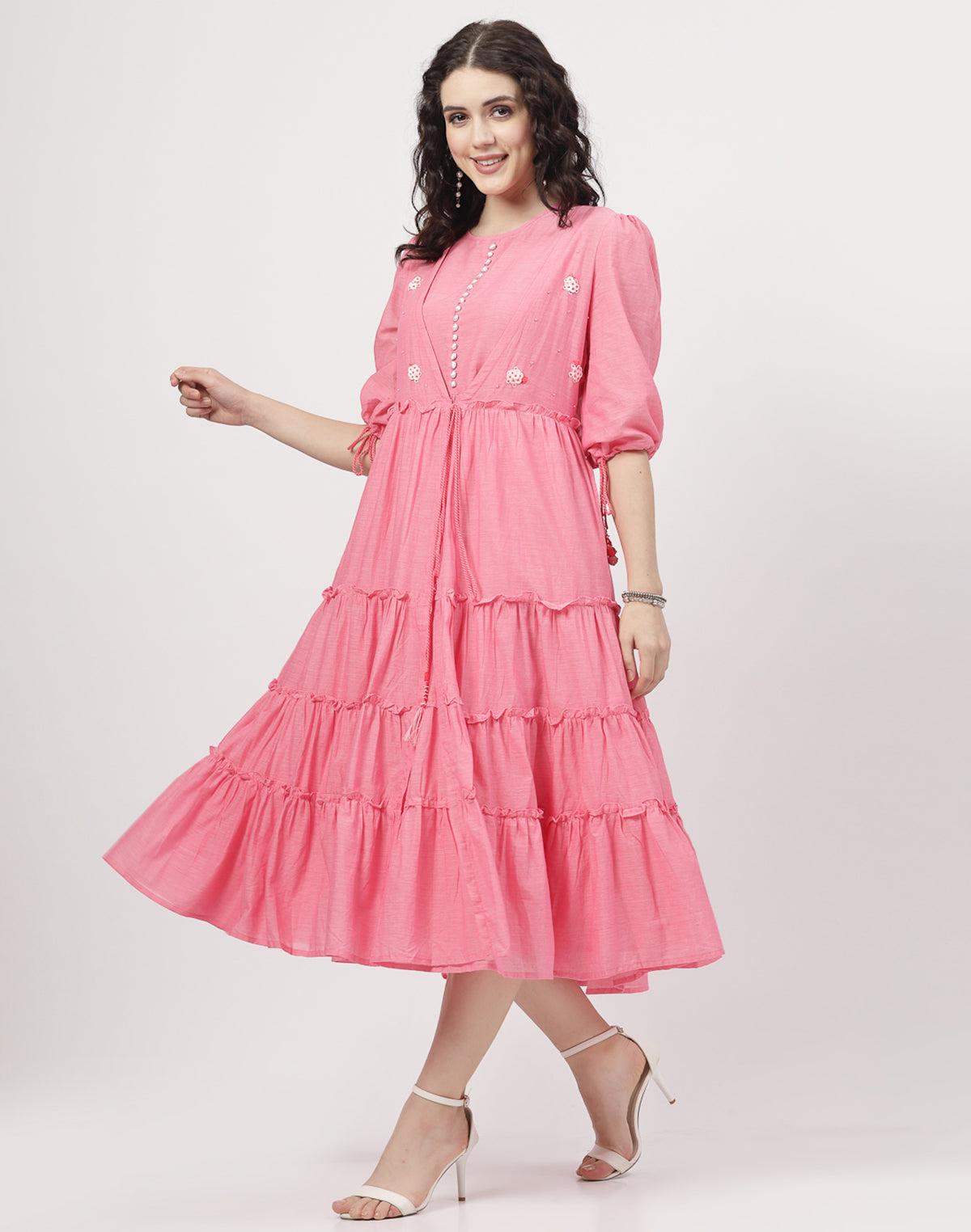 Collection of Light Pink Cotton Party Wear Dress with Shrug in a gallery layout