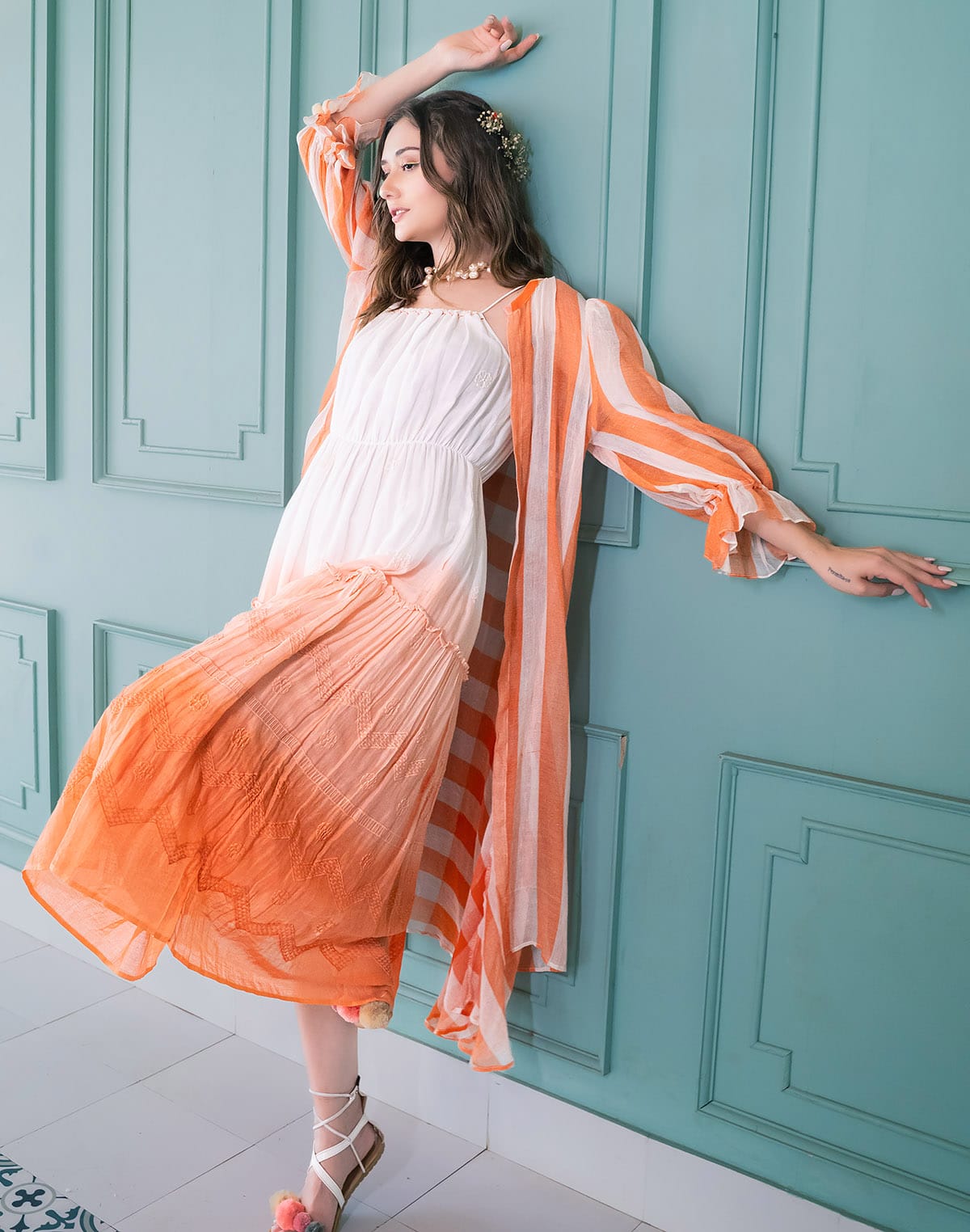 Collection of Amazing Orange Cotton Dress with Shrug in a gallery layout