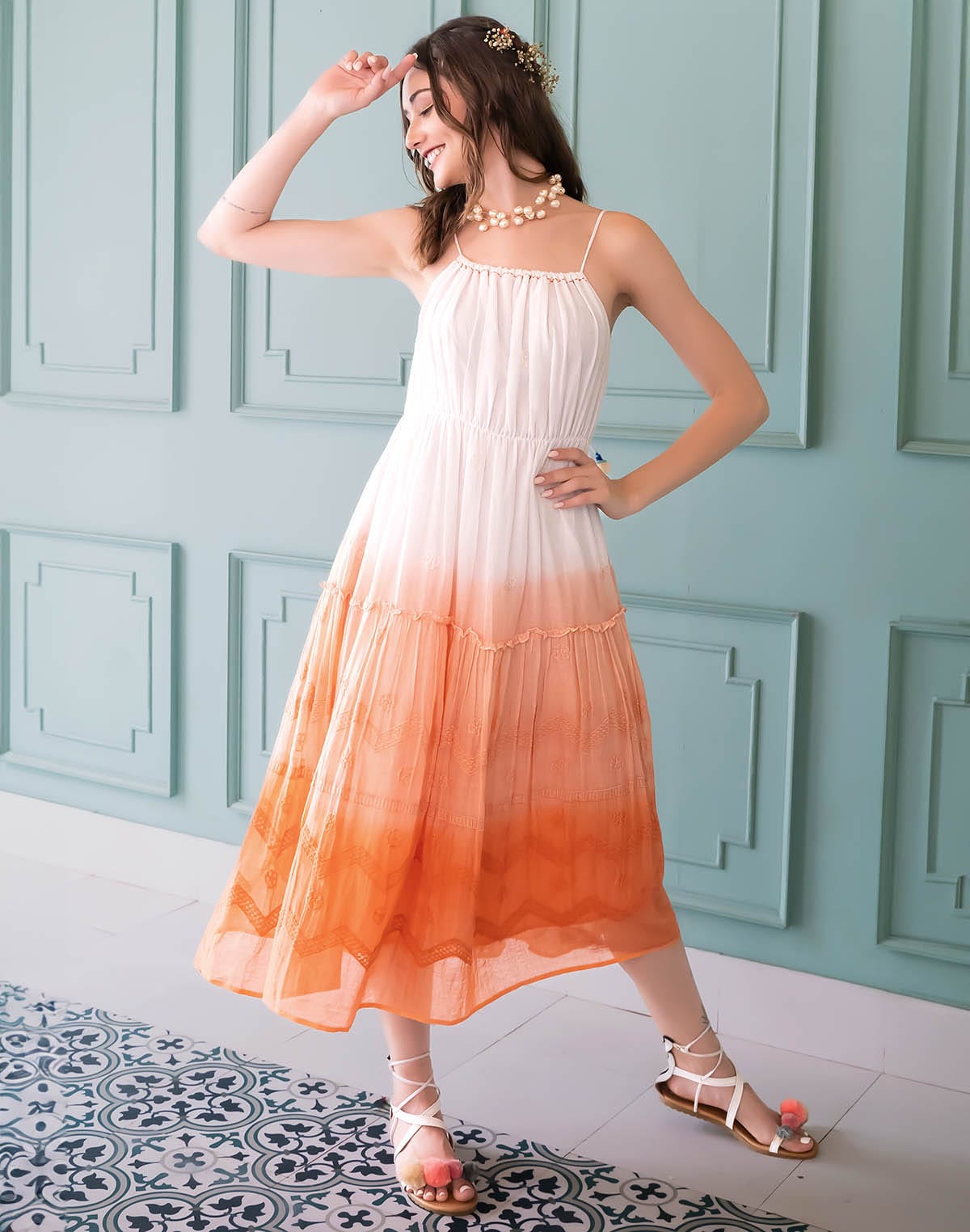 Collection of Amazing Orange Cotton Dress with Shrug in a gallery layout